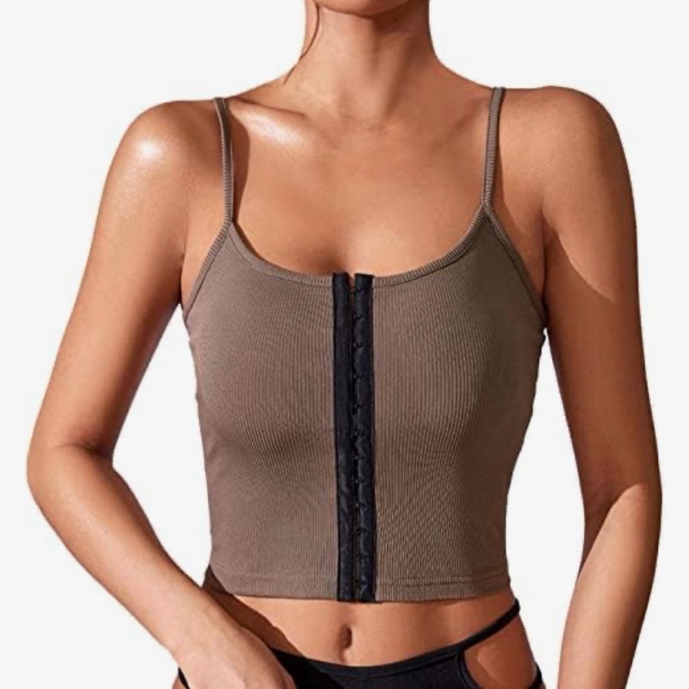 Brown Ribbed Crop Top with Black Clasp Detail, large